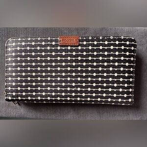 Fossil Black Wallet with Cream Polka Dot Pattern and Brown Leather Logo